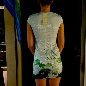 Asian Water Lily Painted Sequin and Oriental Silk Mini Dress NWT